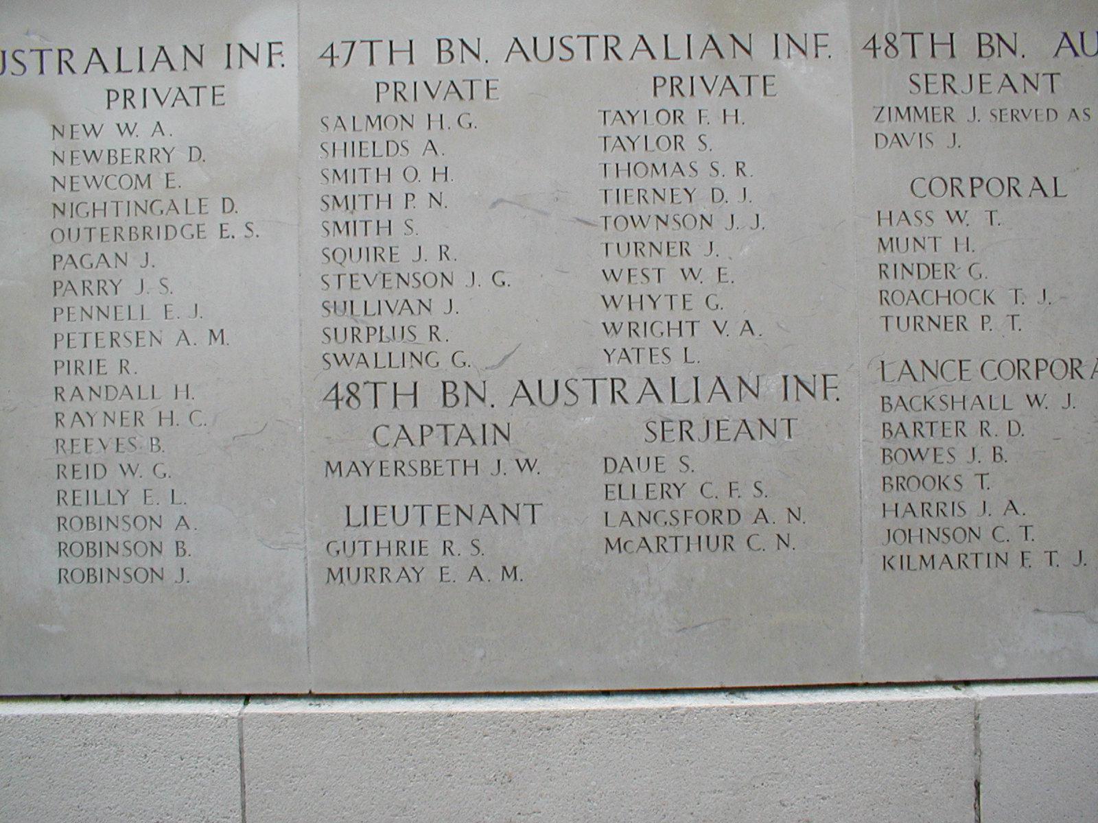 Photo of the panel on the Menin Gate recording Joseph William Mayersbeth death